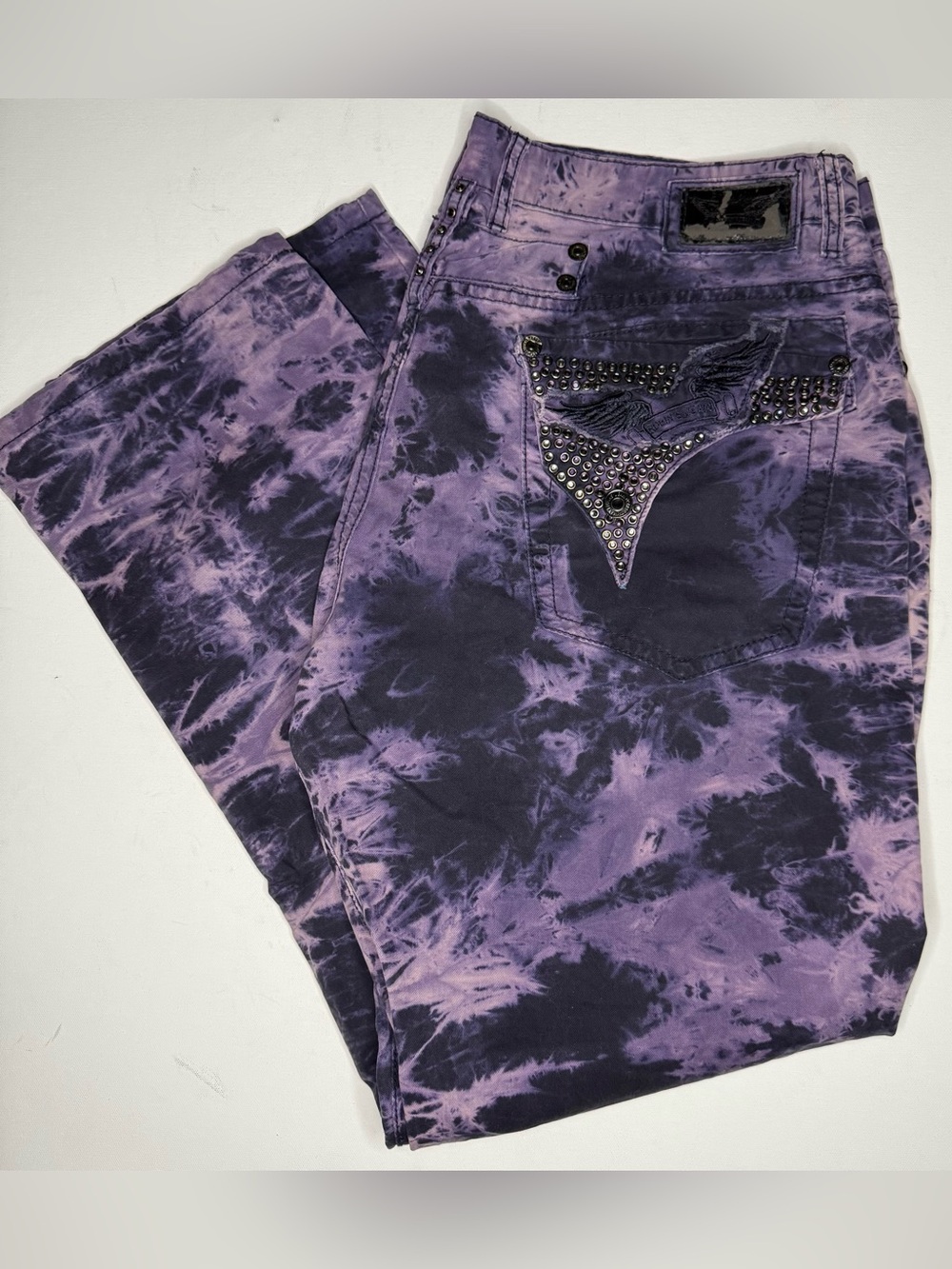 Robin's Jean Purple Tie-Dye Skinny Jeans with Studded Back Pocket Accent